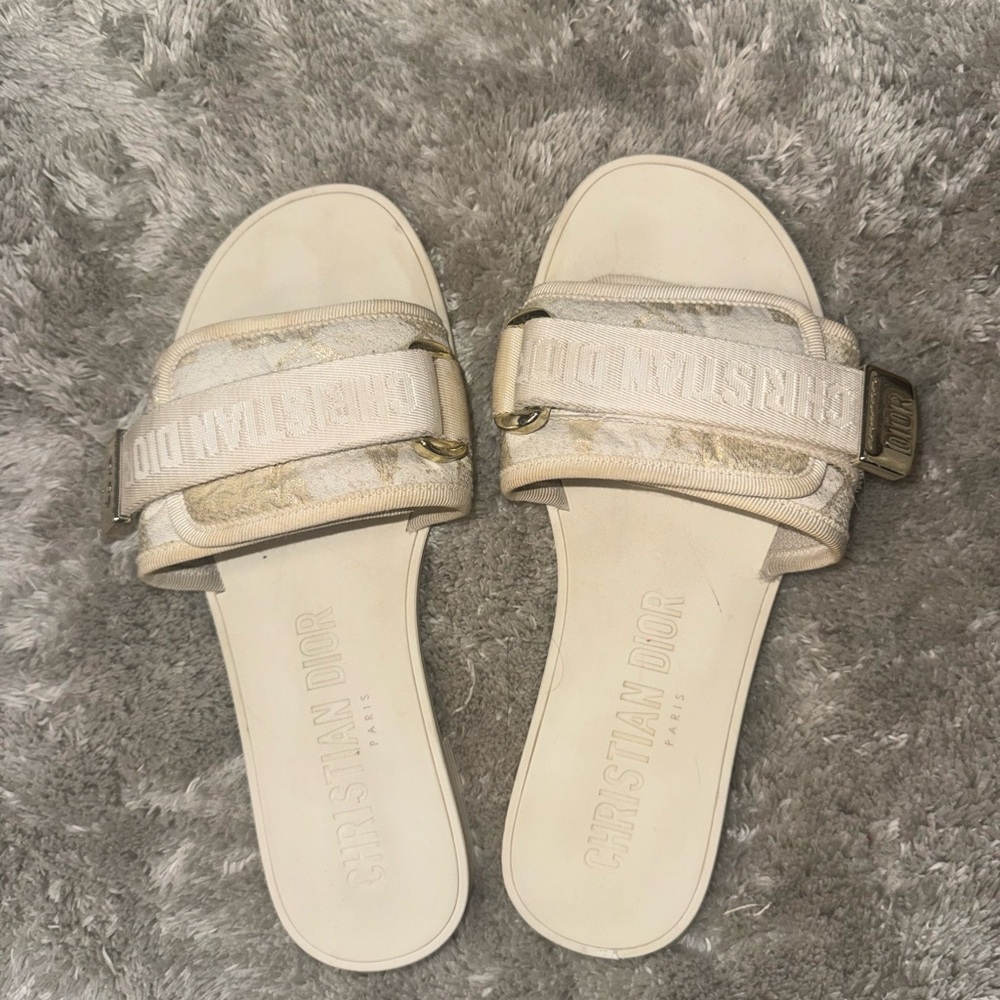 Christian Dior Beige/Gold Slide Sandals